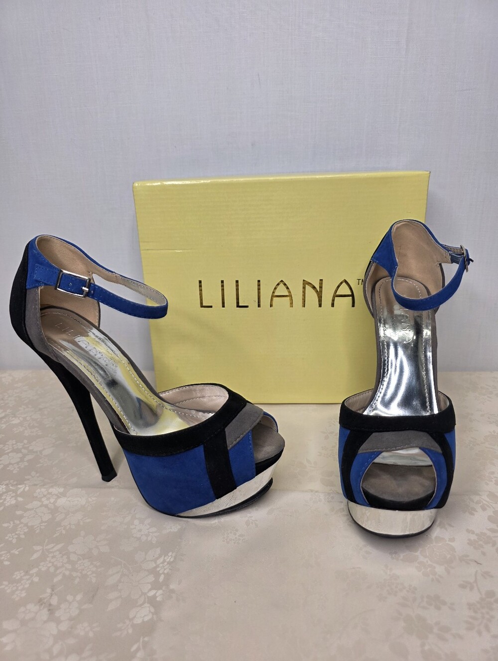 Liliana Colorblock Platform Heels Blue Black Grey Ankle Strap Stilettos 7.5